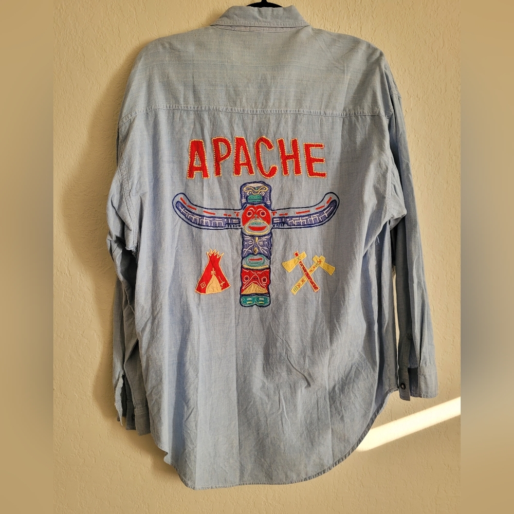 Vintage Apache hand embroidered and patched denim button down | size L